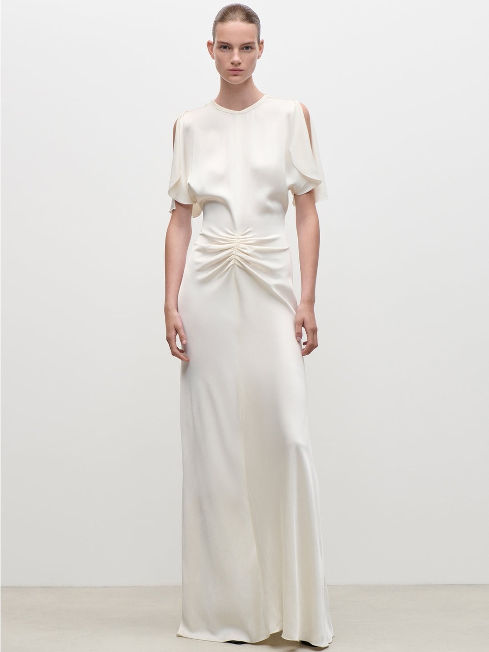 Elegant Cream Ruched Maxi Dress